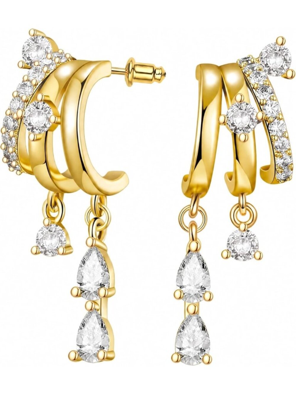 Triple Stack Moon & Star Drop Earrings - 14K Gold Plated Layered Hoops
